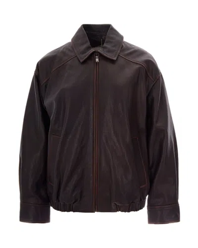 Max Mara Leather Bomber Jacket In Testa Moro