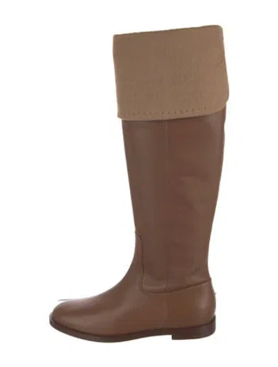 Pre-owned Max Mara Leather Colorblock Pattern Riding Boots W/ Tags In Brown