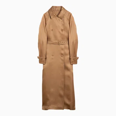Max Mara Leather-coloured Oversize Trench Coat In Silk In Brown