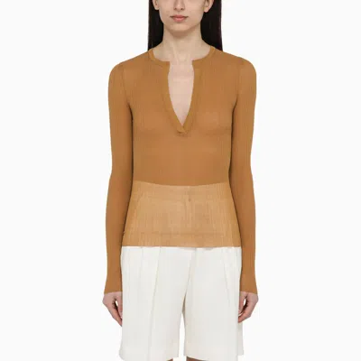 Max Mara Leather-coloured Ribbed Silk Jersey In Brown
