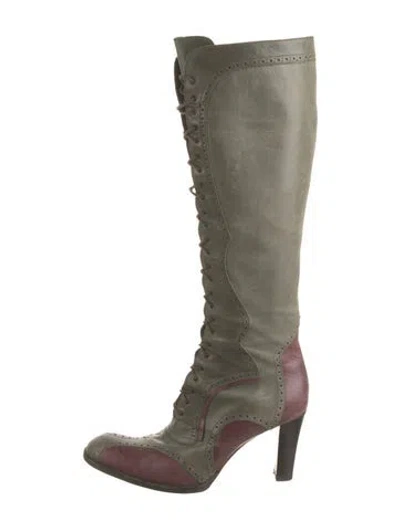 Pre-owned Max Mara Leather Lasercut Accents Lace-up Boots In Green