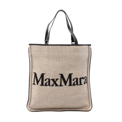 Max Mara Leather Raffia Easybag Tote In Sand