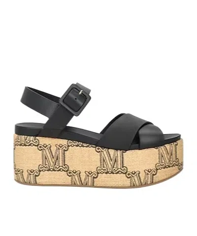 Max Mara Leather Wedge Sandals With Jute Sole In Black