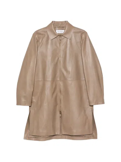 Max Mara Leather Zip-up Coat In Brown