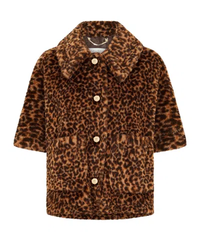 Max Mara Leopard Print Faux Fur Short Shawl Jacket In Brown