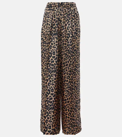 Max Mara Leopard-print Silk Wide-leg Pants In Brown
