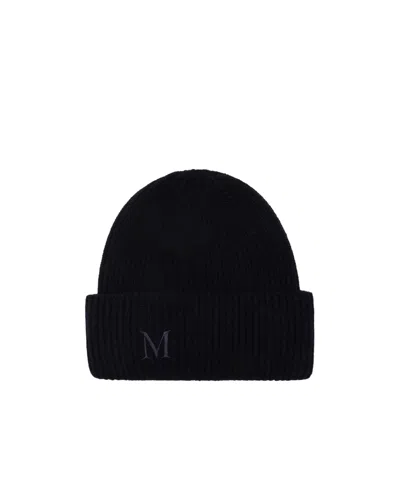 Max Mara Letter-embellished Ribbed Knit Hat In Black