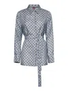 Max Mara Light Blue Printed Twill Boccale Belted Shirt In Blue