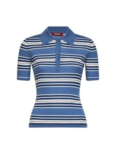 Max Mara Light Blue Ribbed Knit Msttallero Striped Fitted Polo Shirt
