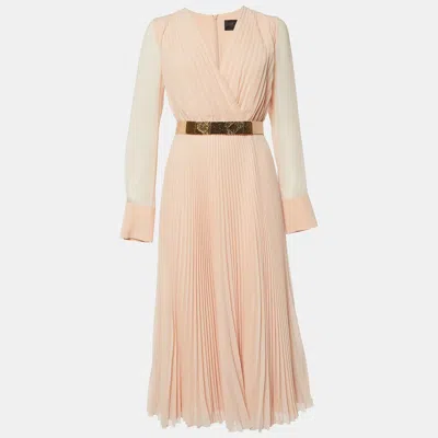 Pre-owned Max Mara Light Orange Pleated Georgette Belt Detail Sidra Midi Dress M