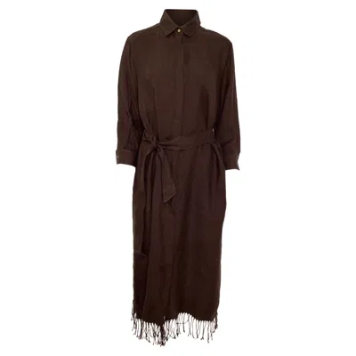 Max Mara Lignano Belted Fringed Midi Dress In Brown Linen