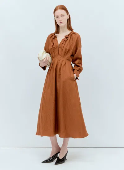 Max Mara Linen And Silk Midi Dress In Brown