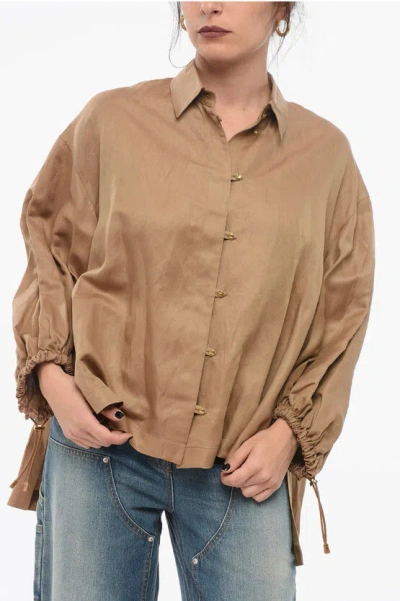 Max Mara Linen Blend Rodeo Shirt With Drawstring In Brown