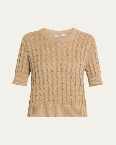 Max Mara Linen Cable-knit Short-sleeve Sweater In Brown