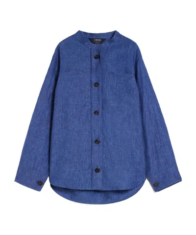 Max Mara Linen Canvas Shirt With Officer Collar In Blue Jeans
