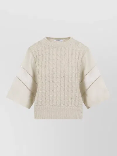 Max Mara Linen Crew Neck Cable Knit Sweater In Neutral