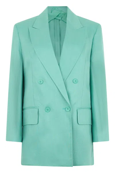 Max Mara Linen Double-breasted Blazer With Oversized Fit And Front Pockets In Green