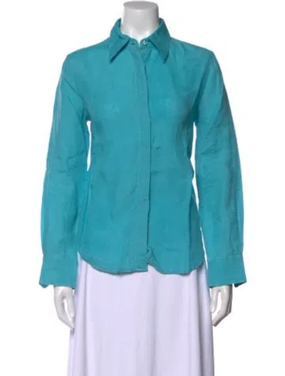 Pre-owned Max Mara Linen Long Sleeve Button-up Top In Blue