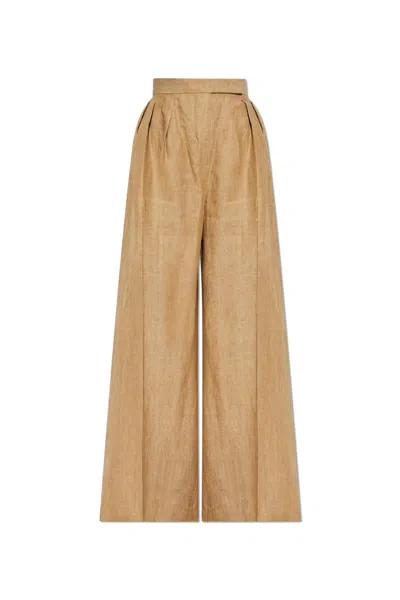 Max Mara Linen Pants Rauche In Leather Brown