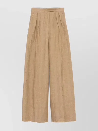 Max Mara Linen Wide Leg Trousers With Yarn Dyeing In Brown