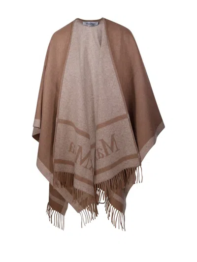 Max Mara Logo Detailed Fringed Cape In Brown