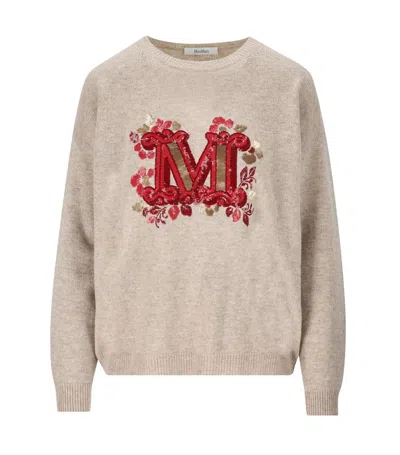 Max Mara Logo Embellished Crewneck Jumper In Beige