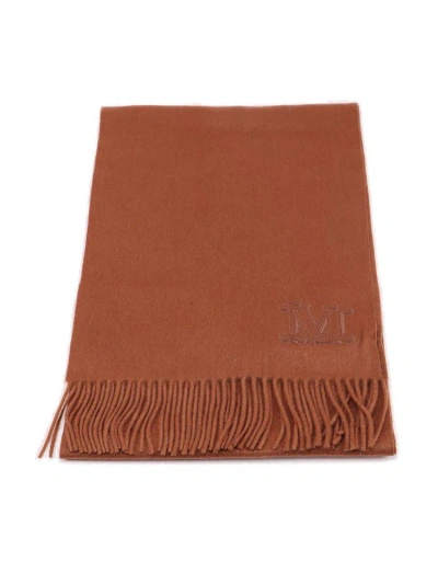 Max Mara Logo Embroidered Fringed Scarf In Brown