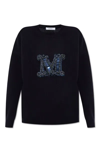 Max Mara Logo Embroidered Knitted Jumper In Blue