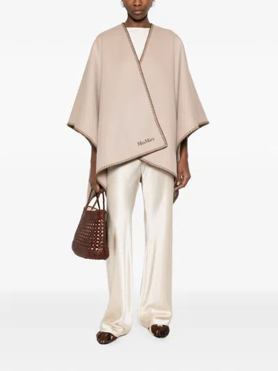 Max Mara Logo-embroidered Wool Poncho In Neutral