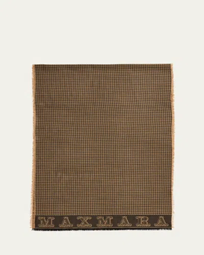 Max Mara Logo Houndstooth Fringe Wool Scarf In Camel