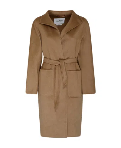 Max Mara Logo Long-sleeved Coat In Brown