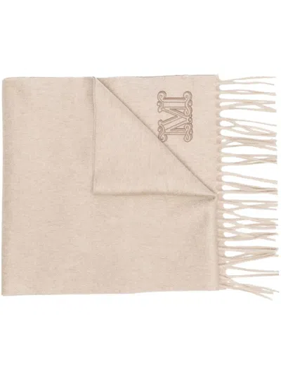Max Mara Logo-patch Fringed Cashmere Scarf In Neutral