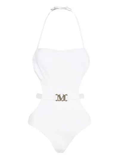 Max Mara Logo-plaque Belted Swimsuit In White
