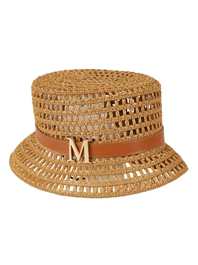 Max Mara Logo Plaque Perforated Woven Hat In Brown