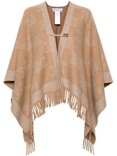 Max Mara Monogram-pattern Wool Poncho In Beige