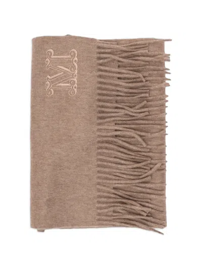 Max Mara Logo-embroidered Fringed Scarf In Brown