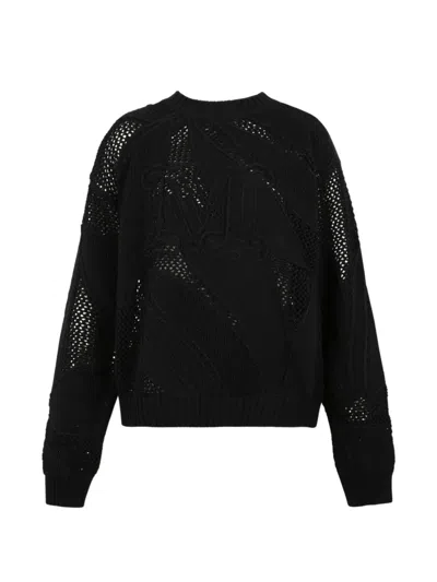 Max Mara Logo-embroidered Open-knit Sweater In Black