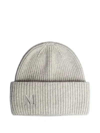 Max Mara Logo-embroidered Ribbed Beanie Hat In Neutral