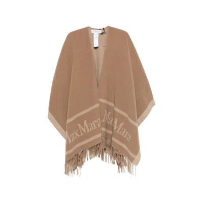 Max Mara Logo-intarsia Fringed Cape In Brown
