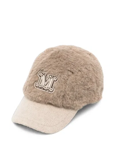 Max Mara Logo-patch Faux-fur Cap In Neutral
