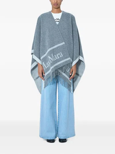 Max Mara Logo-print Fringed Poncho In Gray
