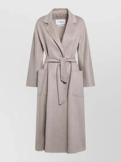 Max Mara Long Belted Jacket Notched Lapels Pockets In Gray