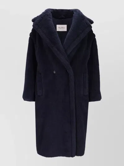 Max Mara Long Double Breasted Coat Textured Alpaca In Blue