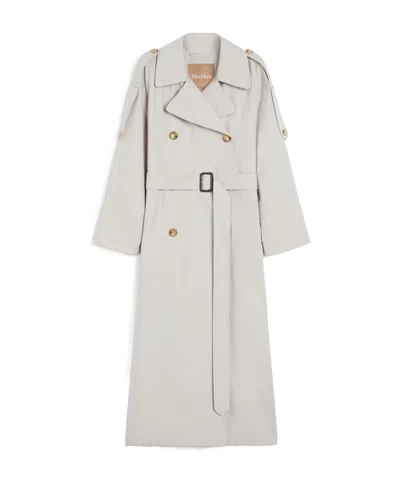 Max Mara Long Double-breasted Trench Coat In Water-repellent Cotton Twill In Brown