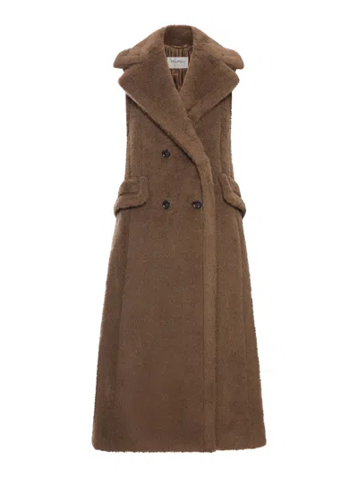 Max Mara Long Double-breasted Wool And Alpaca Vest In Brown