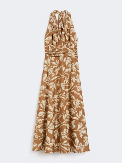 Max Mara Halterneck Printed Cotton Midi Dress In Brown