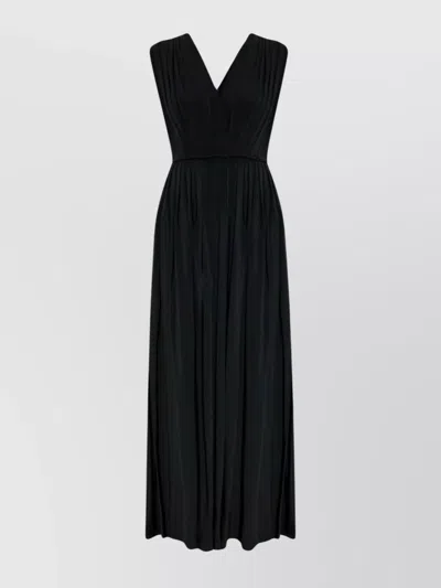 Max Mara Long Dress With Ruched Sleeves And V-neck In Black