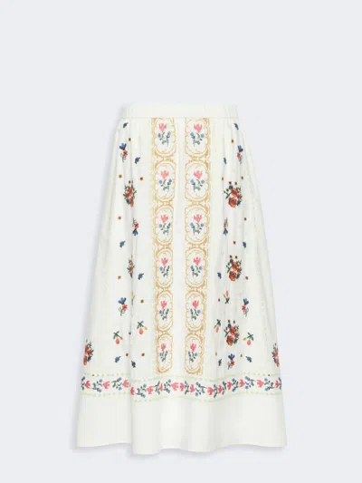 Max Mara Long Embroidered Cotton Skirt In White