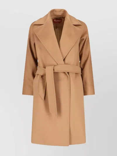 Max Mara Long Jacket With Belt And Back Vent In Brown