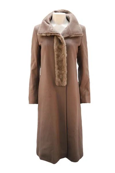 Max Mara Long Jacket With Faux Fur Collar In Brown Alpaca Fibre